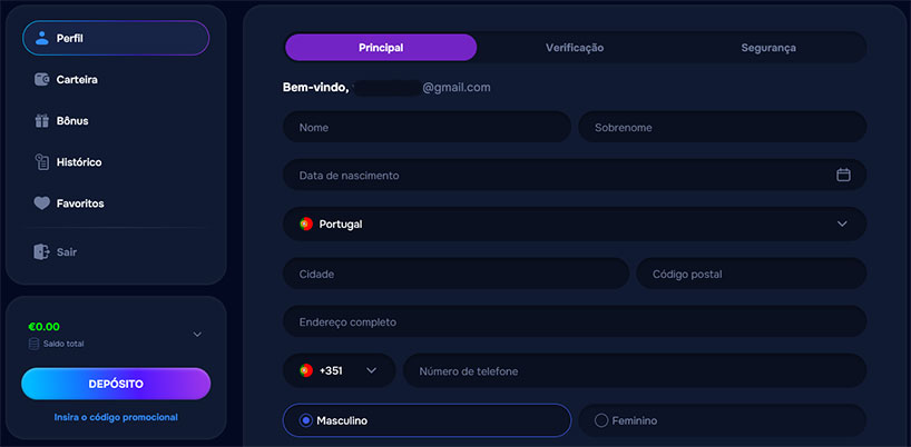 O jogo de perfil pode ser registado no casino. 